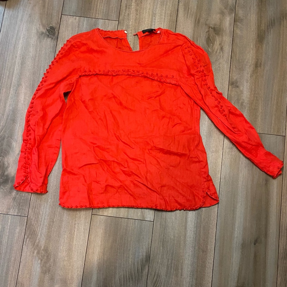 JCrew Red 100% linen | French knot style with fringes, pompons | Women’s tops| 2 - Picture 3 of 6